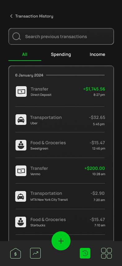 Transaction history screen: final hi-fi mockup